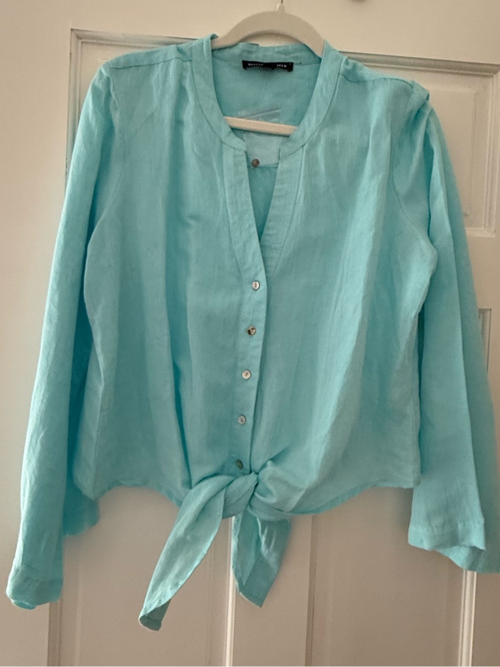 Boston Proper Aqua Tie-Front Button Down Blouse